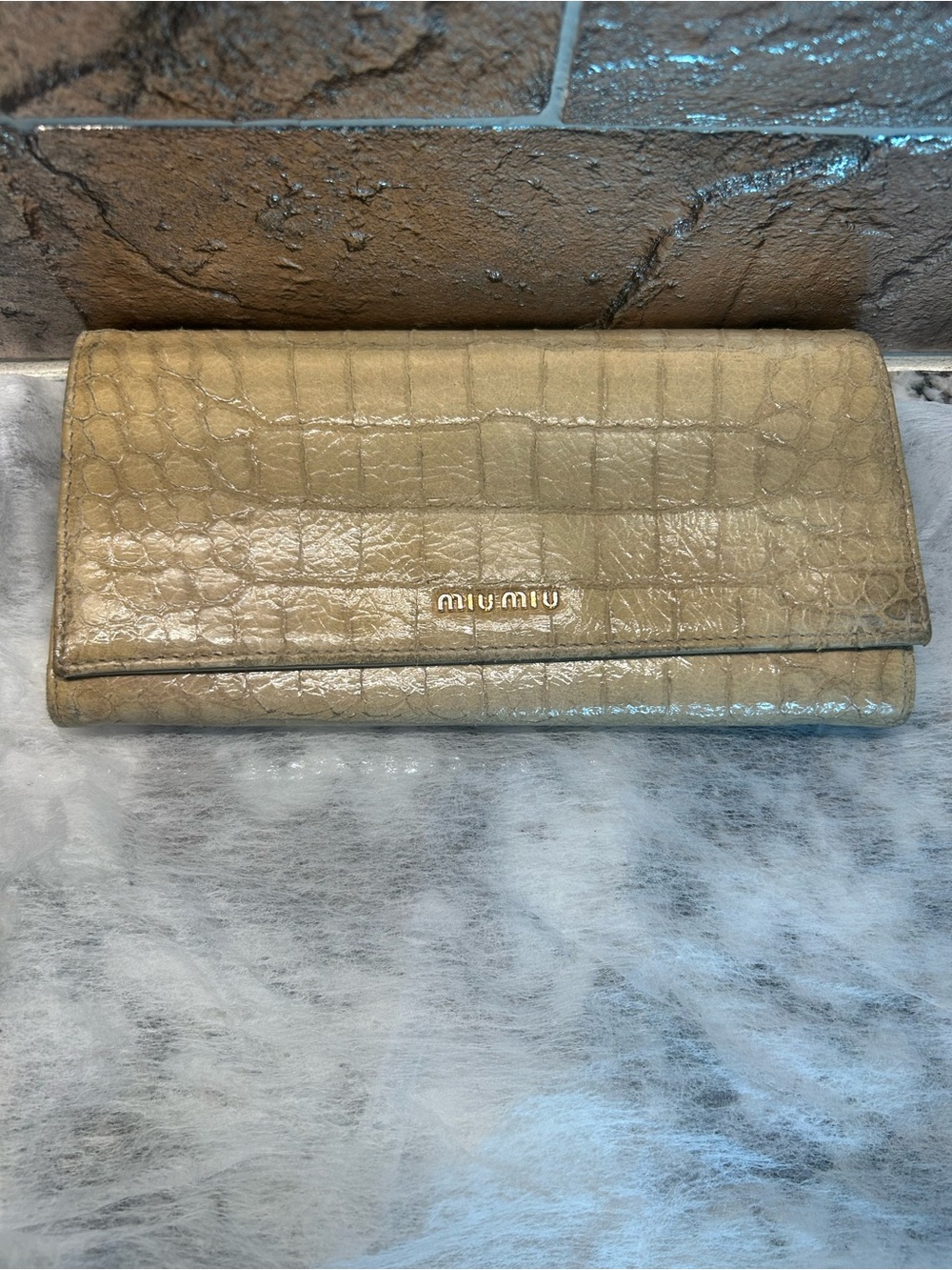 Miu Miu Beige Croc-Embossed Foldover Wallet with Gold Logo
